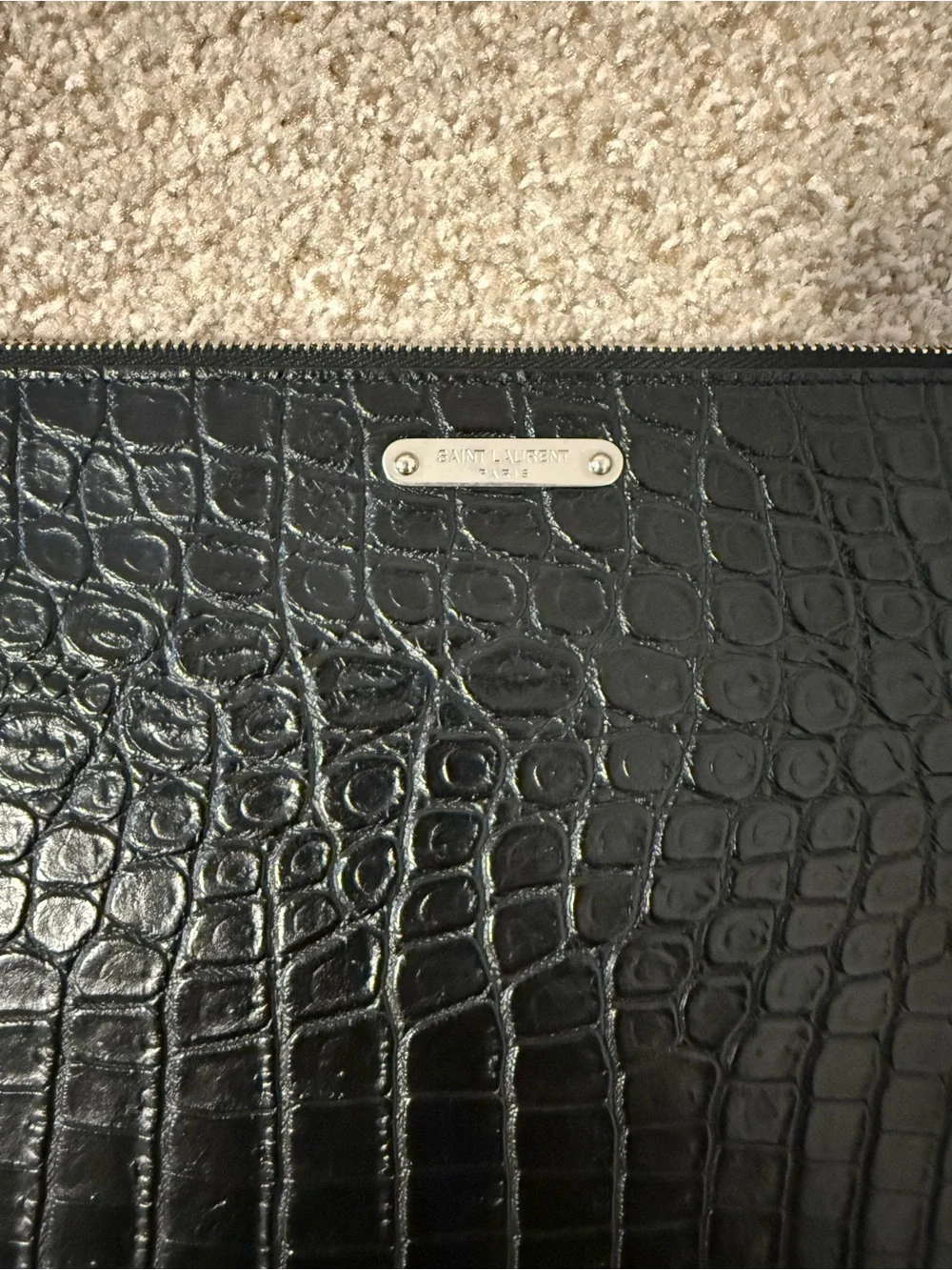 Authentic YSL Croc-Embossed Leather Black Zip Pouch
